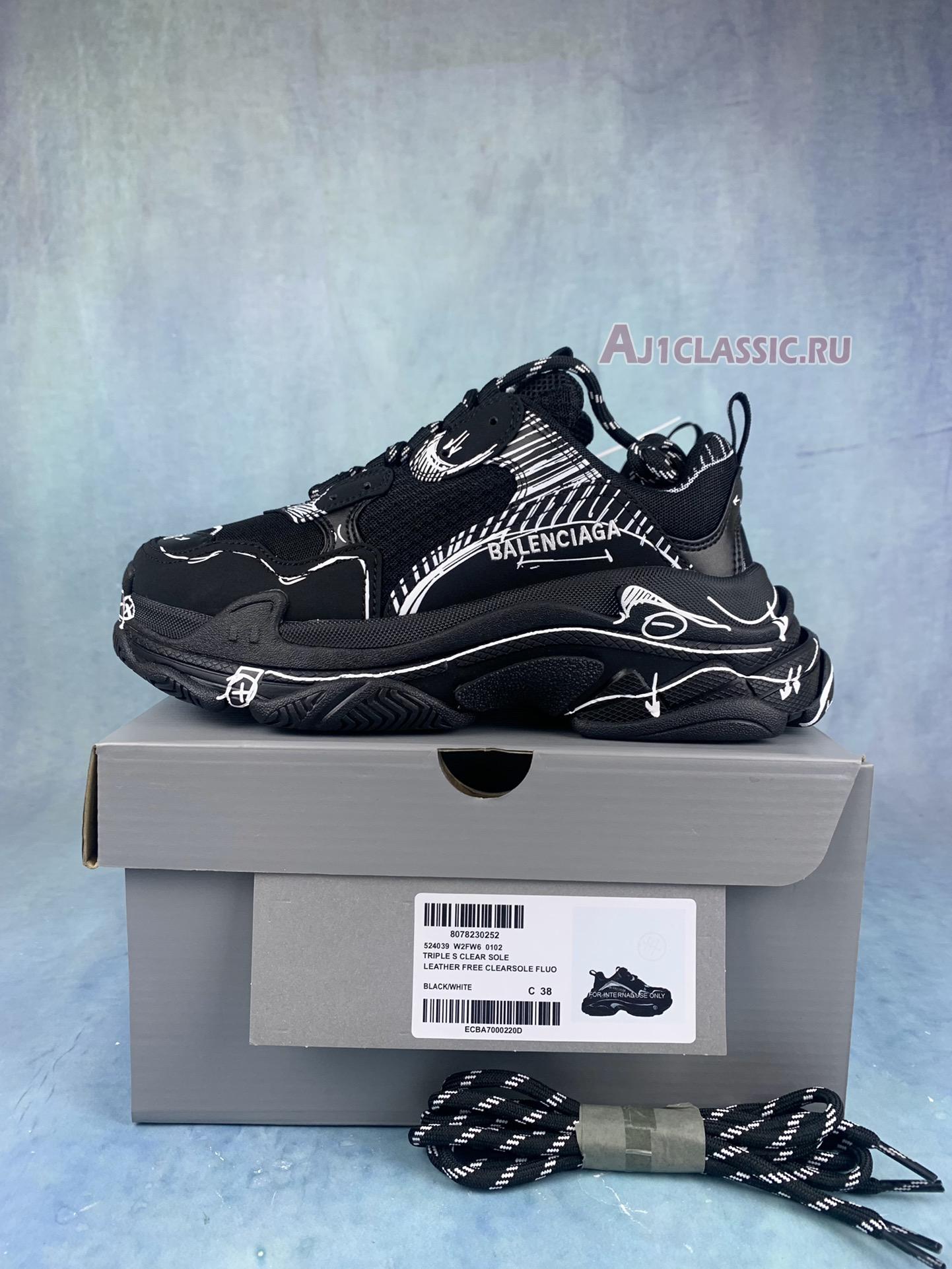 New Balenciaga Triple S Sketch-Print Sneakers "Black" 536737 W3SRB 1090 Shoes