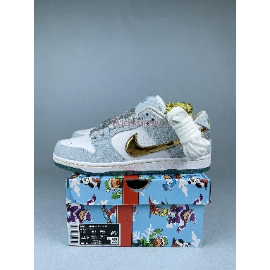 Sean Cliver x Nike SB Dunk Low Holiday Special Ice Blue/White-Metallic Gold-Metallic Silver DC9936-100-2 Mens Womens Shoes